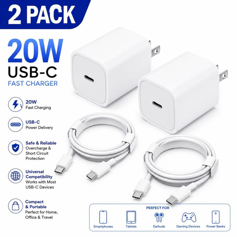 2PACK 20W USB-C Fast Charger Adapter PD 3.0 Adapter for iPhone Samsung Adapte3